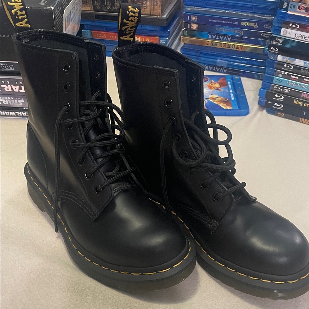 Dr. Martens Black Leather Lace-Up Boots with Yellow Stitching
